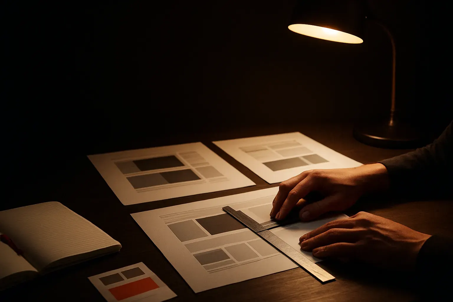 A warm, dark-lit view of the Rebecca Design studio workspace.